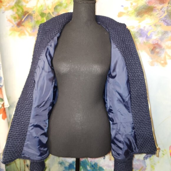 Navy Blue Textured Knit Jacket With Gold Buttons & Zipper Closure - Picture 8 of 10